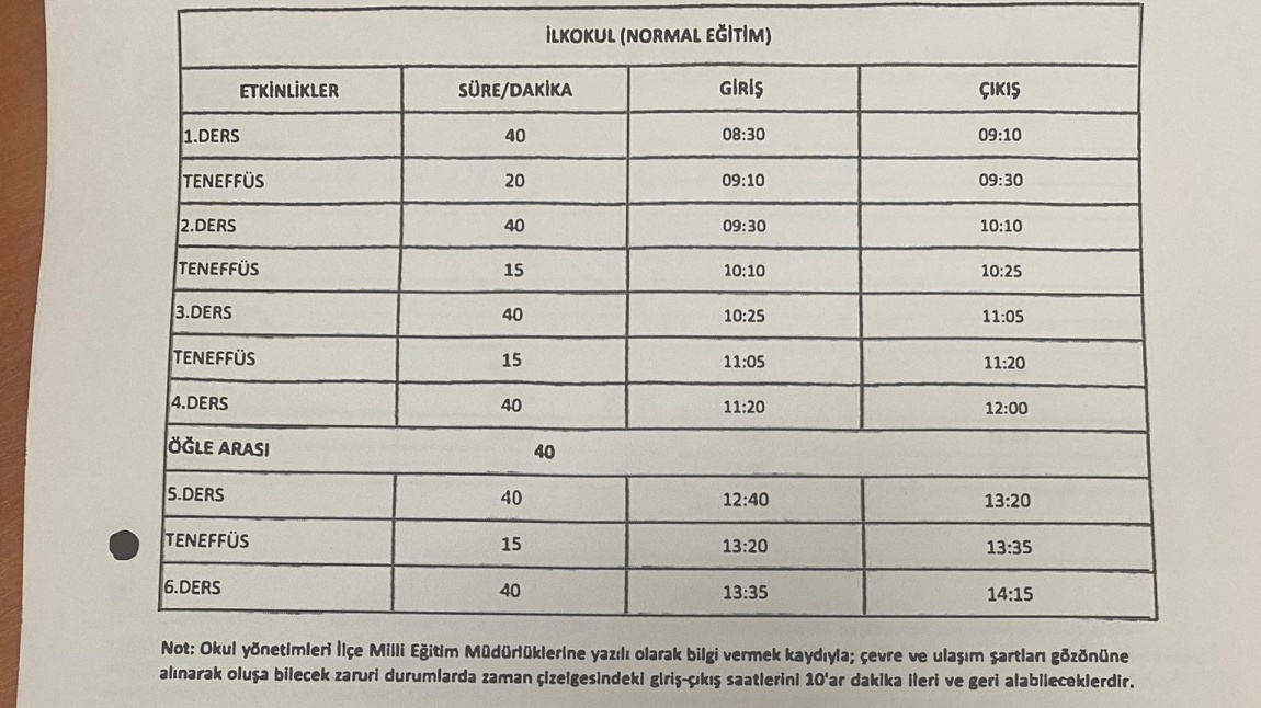 İLKOKUL (NORMAL EĞİTİM) ZAMAN ÇİZELGESİ